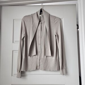 Beige Button-Up Cardigan with Scarf